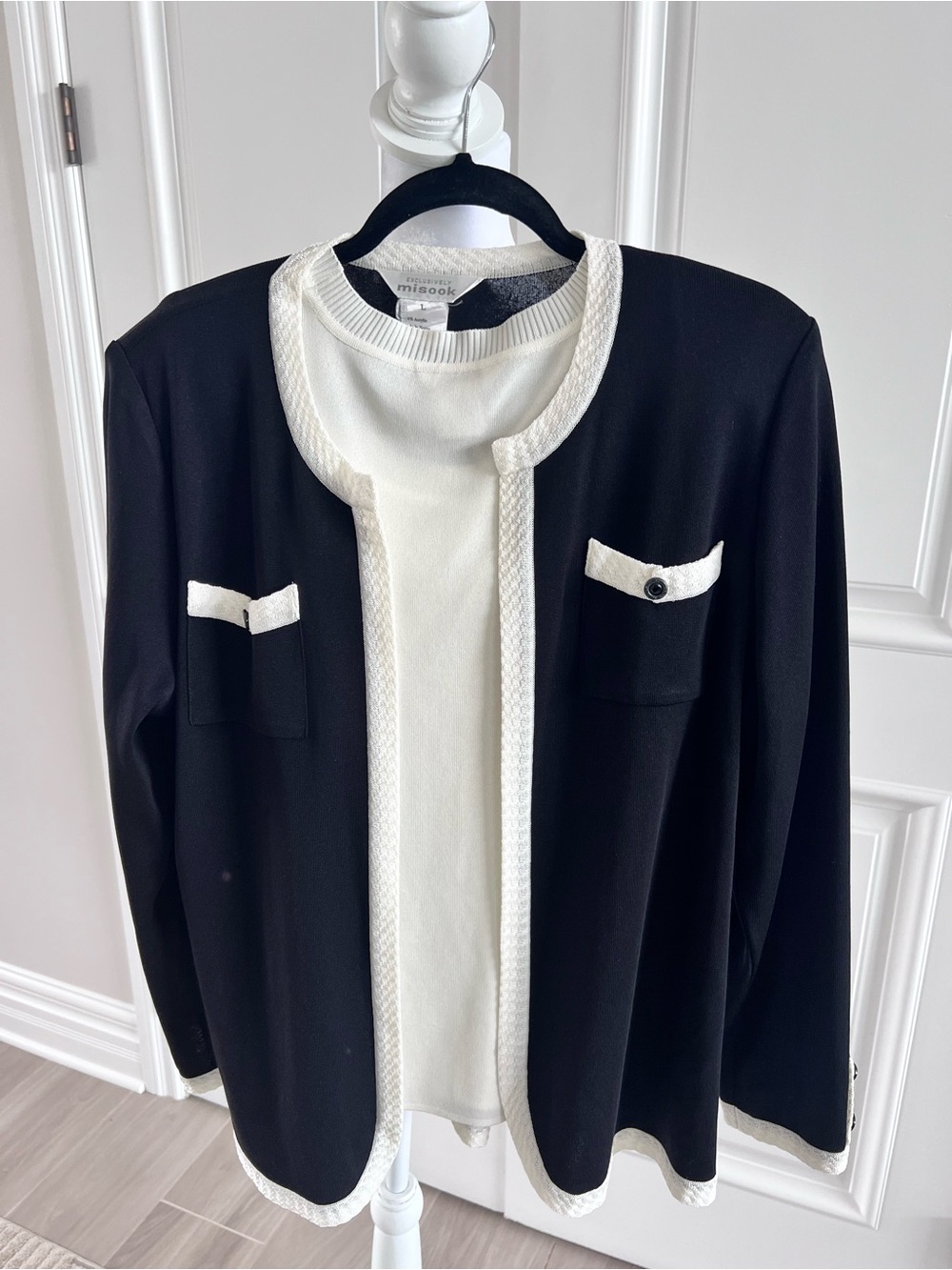 Misook Black Jacket with White Trim and Pocket Details